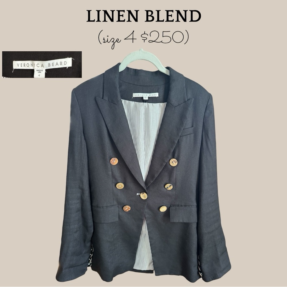 Veronica Beard Black Double-Breasted Linen-Blend Blazer